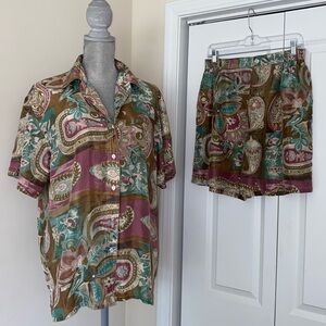 Vintage Snow 100% Silk Paisley Print Matching Shirt & Shorts Set Size Large